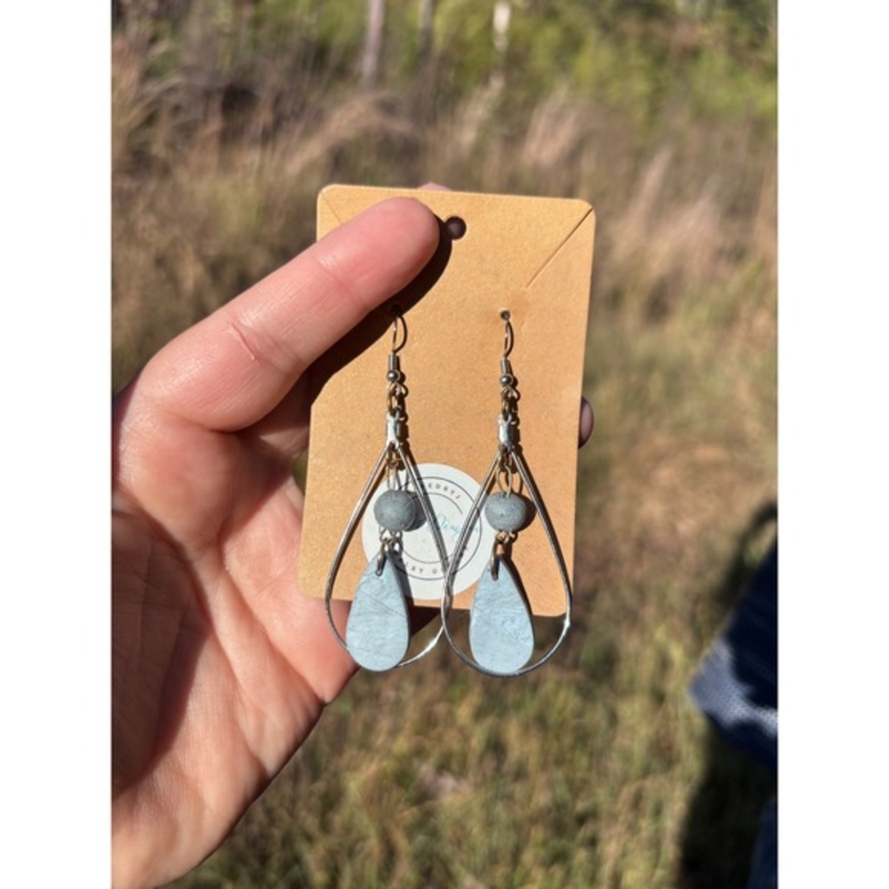 Handmade boho dangle polymer clay teardrop silver and light blue scandi earrings